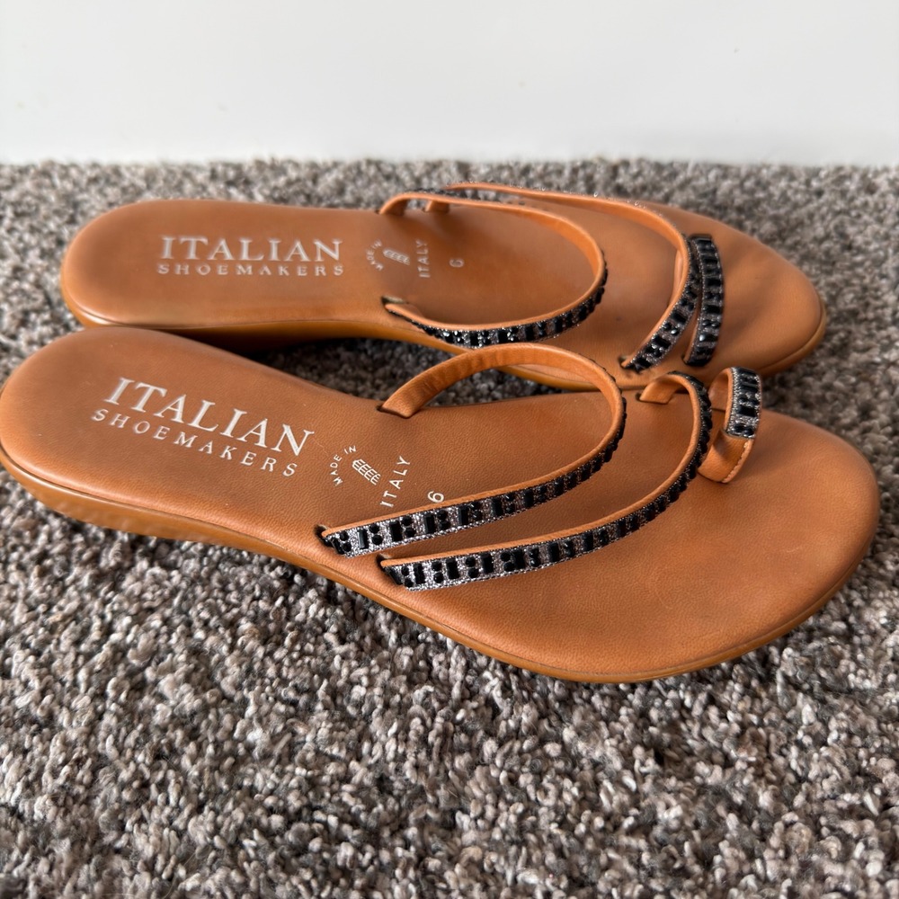Italian Shoemakers Womens Tan Toe Loop Beaded Strappy Wedge Sandals Size 6 37